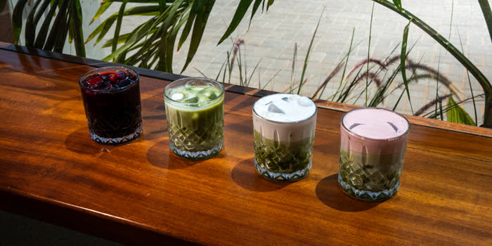 The Perk Cafe menu photography, cold brew latte and matcha trio