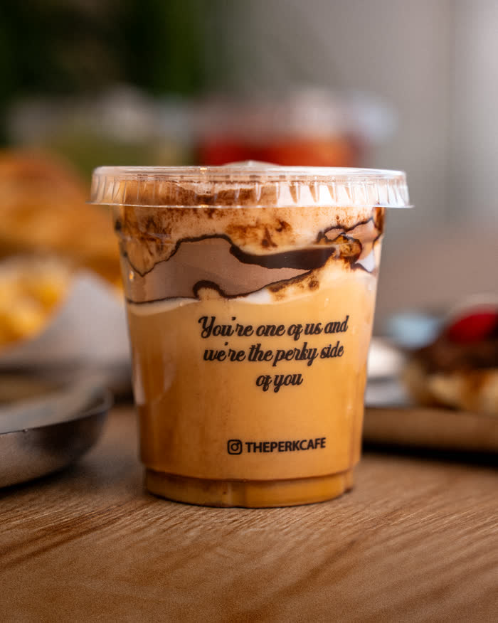The Perk Cafe menu photography, caramel iced coffee