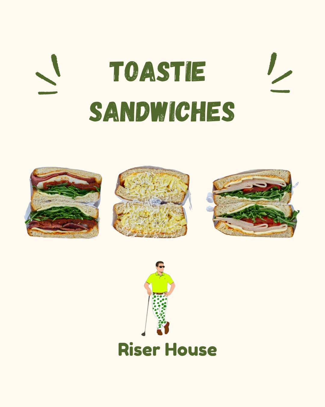 Risers House menu design, toastie sandwiches