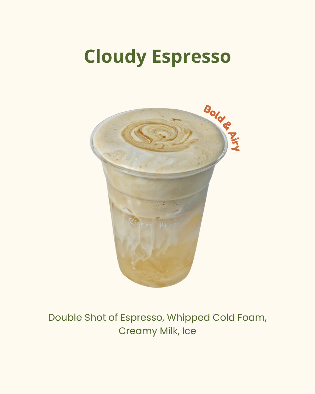 Risers House menu design, cloudy espresso